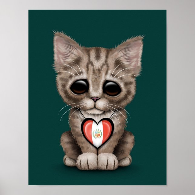 Cute Kitten Cat with Peruvian Flag Heart, teal Poster (Front)