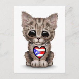 Cute Kitten Cat with Puerto Rico Flag Heart, white Postcard