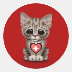 Cute Kitten Cat with Swiss Flag Heart, red Classic Round Sticker
