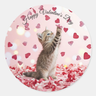 Cute Kitten Catching Valentine Heart Petals Classic Round Sticker