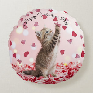 Cute Kitten Catching Valentine Heart Petals Round Cushion