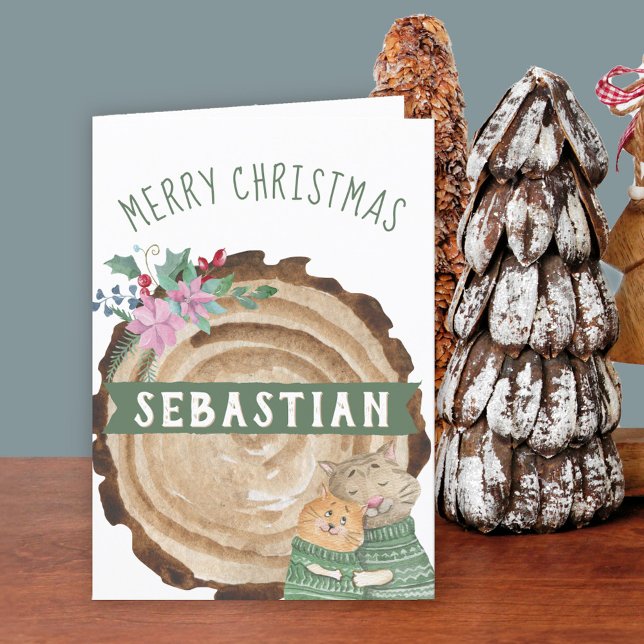 Cute Kitten Cats Rustic Merry Christmas Holiday Card (Cute Christmas Card for someone special Buy professionally printed or as printable digital download.)