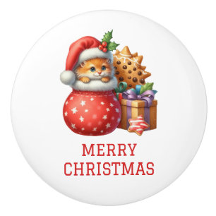 Cute Kitten Christmas Ceramic Knob
