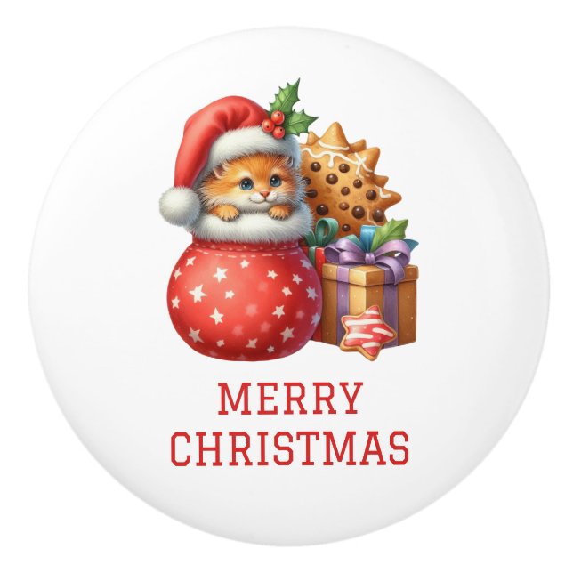 Cute Kitten Christmas Ceramic Knob (Front)