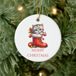 Cute Kitten Christmas Ceramic Ornament