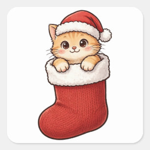 Cute Kitten Christmas Stocking Santa Hat Sticker