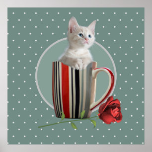 Cute kitten coffee mug photo flower green modern  poster