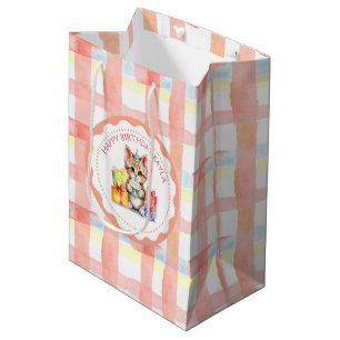 Cute Kitten Coral Plaid Personalized Birthday Medium Gift Bag