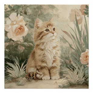 Cute Kitten Cottagecore Floral Cat Poster 