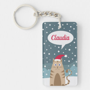 Cute kitten custom name christmas santa snowy key ring