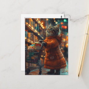 Cute Kitten dressed in Orange Shopping Groceries Postcard