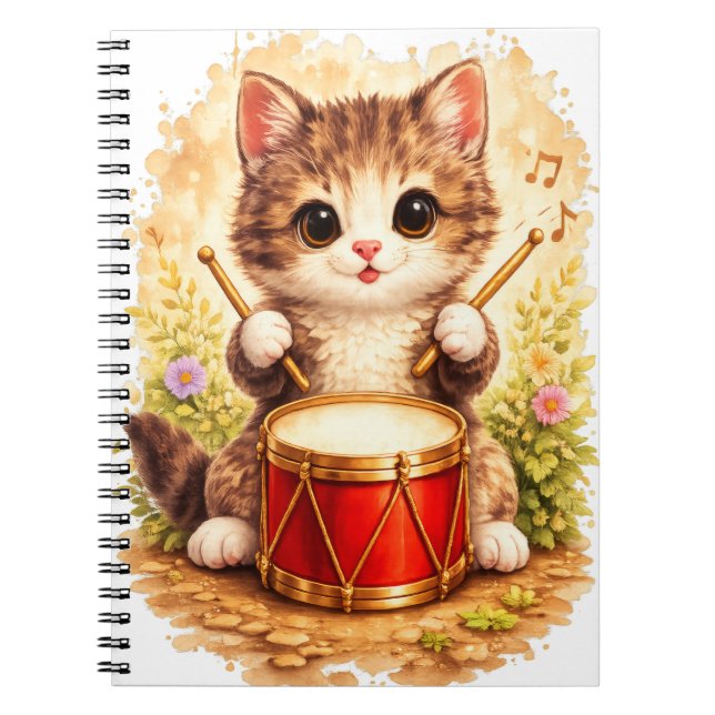Cute Kitten Drum Spiral Notebook Kawaii (Front)