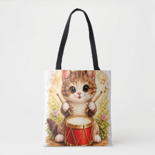Cute Kitten Drum Tote Bag Kawaii Cat Music