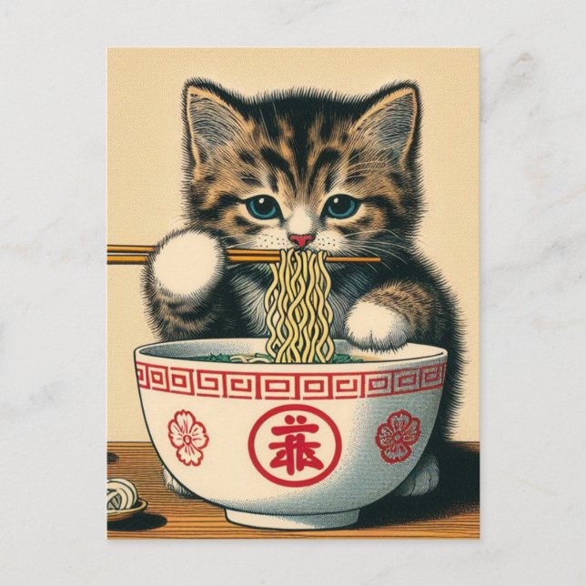 Cute Kitten Eating Ramen Woodblock Print Postcard (Front)