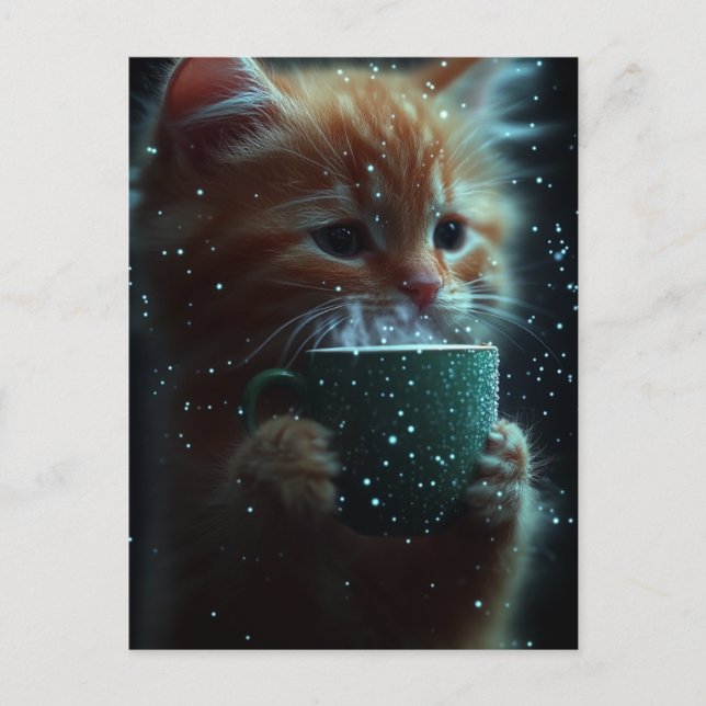Cute Kitten Enjoys Coffee Postcard (Front)