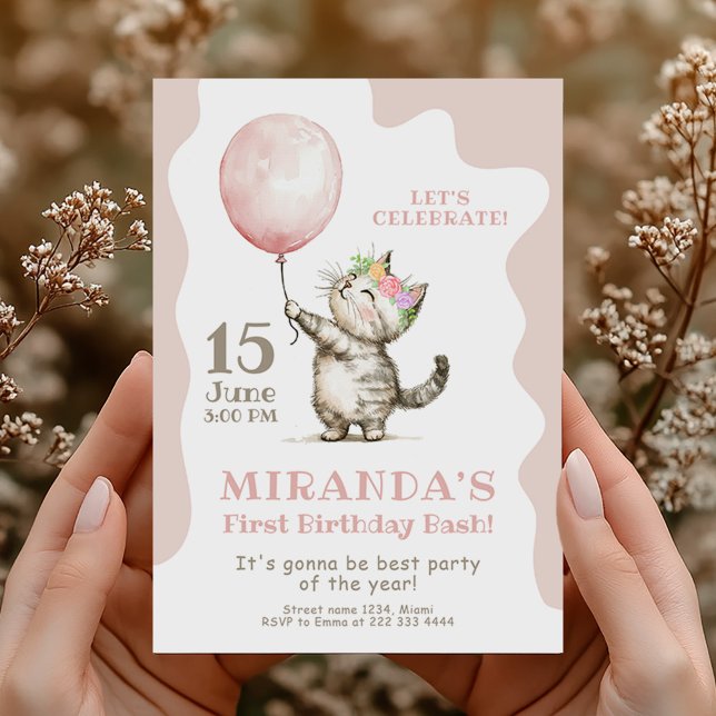 Cute Kitten First Birthday Bash. Invitation (Creator Uploaded)