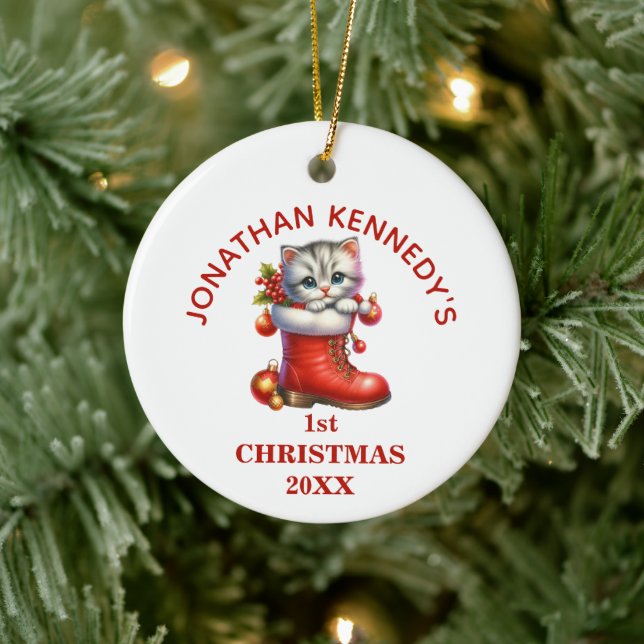 Cute Kitten First Christmas Personalised Ceramic Ornament (Tree)