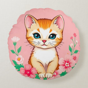 🐱 Cute Kitten Floral Garden Bliss 🌸 Round Cushion