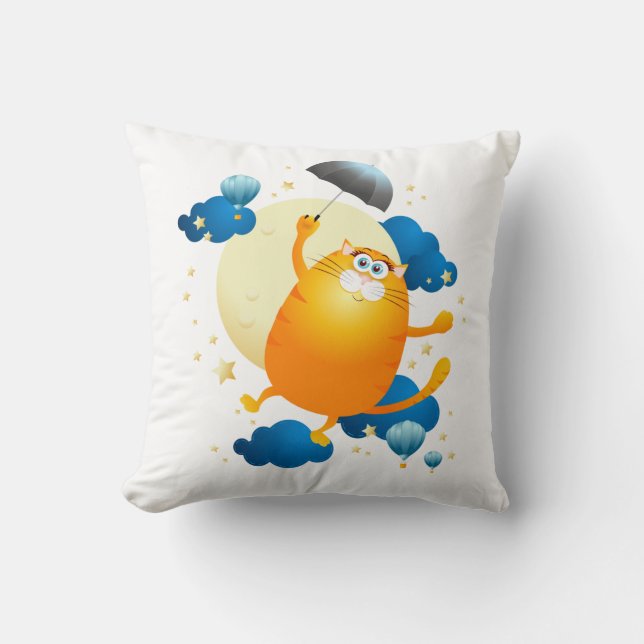 Cute Kitten Flying with Umbrella Cushion (Front)