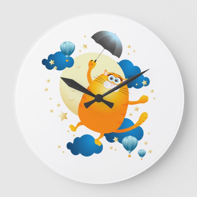 Cute Kitten Flying with Umbrella Large Clock (Front)