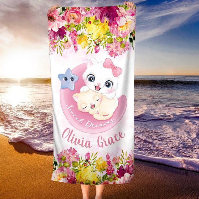 Cute Kitten Friends Blush Pink Flowers Custom Name Beach Towel (Creator Uploaded)