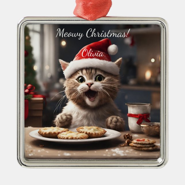 Cute Kitten Funny Santa Cat Christmas  Metal Ornament (Front)