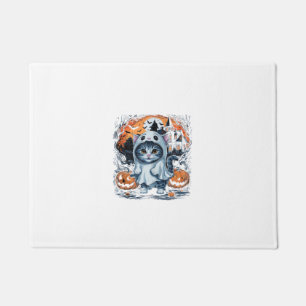 Cute Kitten Ghost Party Pumpkin Cute Halloween Cat Doormat