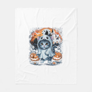 Cute Kitten Ghost Party Pumpkin Cute Halloween Cat Fleece Blanket