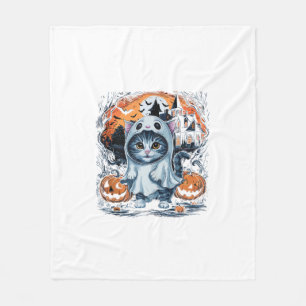 Cute Kitten Ghost Party Pumpkin Cute Halloween Cat Fleece Blanket