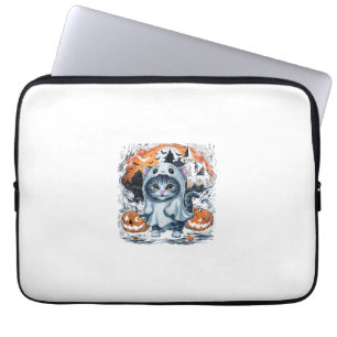 Cute Kitten Ghost Party Pumpkin Cute Halloween Cat Laptop Sleeve