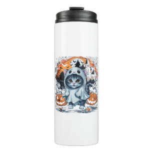 Cute Kitten Ghost Party Pumpkin Cute Halloween Cat Thermal Tumbler