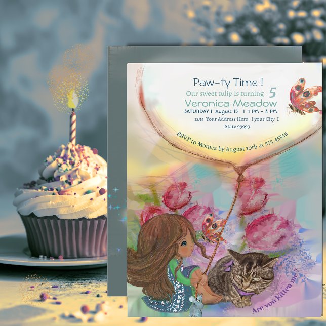 Cute Kitten Girl tulips Birthday  Invitation (Cute Kitten Girl tulips Birthday Invitation)