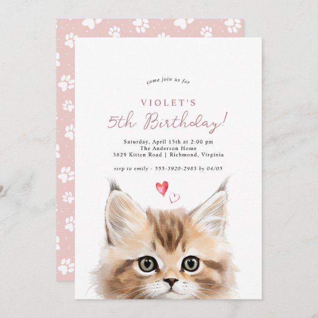 Cute Kitten | Girl's Pink Kitty Cat Birthday Party Invitation (Front/Back)