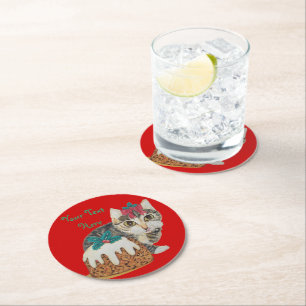 cute kitten gray tabby licking paws christmas round paper coaster