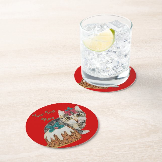 cute kitten gray tabby licking paws christmas round paper coaster (Insitu)