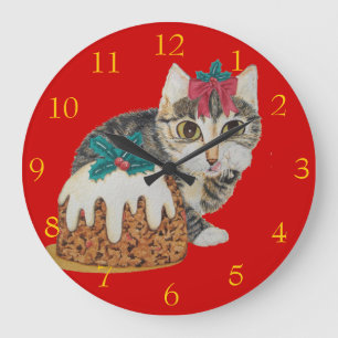 cute kitten grey tabby cat licking paws christmas large clock