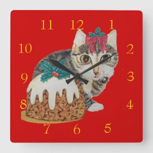 cute kitten grey tabby cat licking paws christmas square wall clock