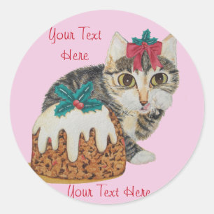 cute kitten grey tabby cat with red bow christmas classic round sticker
