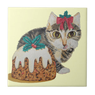 cute kitten grey tabby licking paw christmas ceramic tile