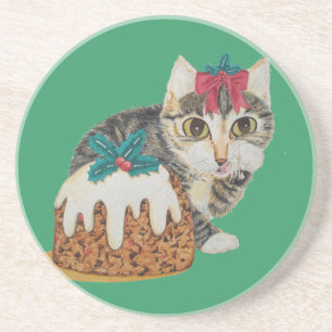 cute kitten grey tabby licking paw christmas coaster
