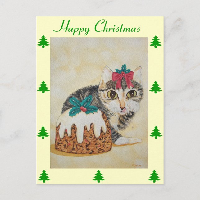 cute kitten grey tabby licking paw christmas holiday postcard (Front)