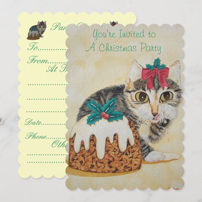 cute kitten grey tabby licking paw christmas invitation (Front/Back)