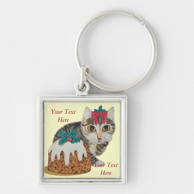 cute kitten grey tabby licking paw christmas key ring (Front)