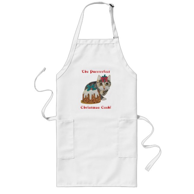 cute kitten grey tabby licking paw christmas long apron (Front)