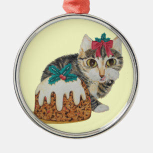 cute kitten grey tabby licking paw christmas metal ornament