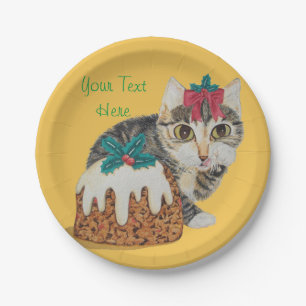 cute kitten grey tabby licking paw christmas paper plate