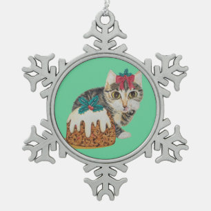 cute kitten grey tabby licking paw christmas snowflake pewter christmas ornament