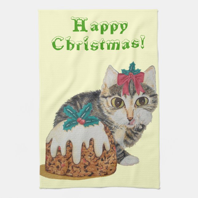 cute kitten grey tabby licking paw christmas tea towel (Vertical)