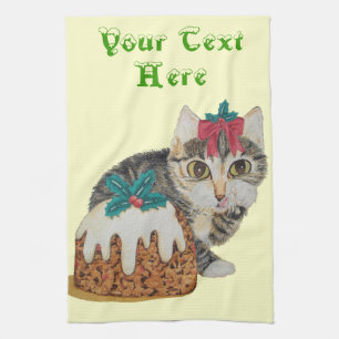 cute kitten grey tabby licking paw christmas tea towel