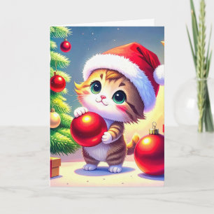 Cute Kitten Helping With The Christmas Tree Holiday Card